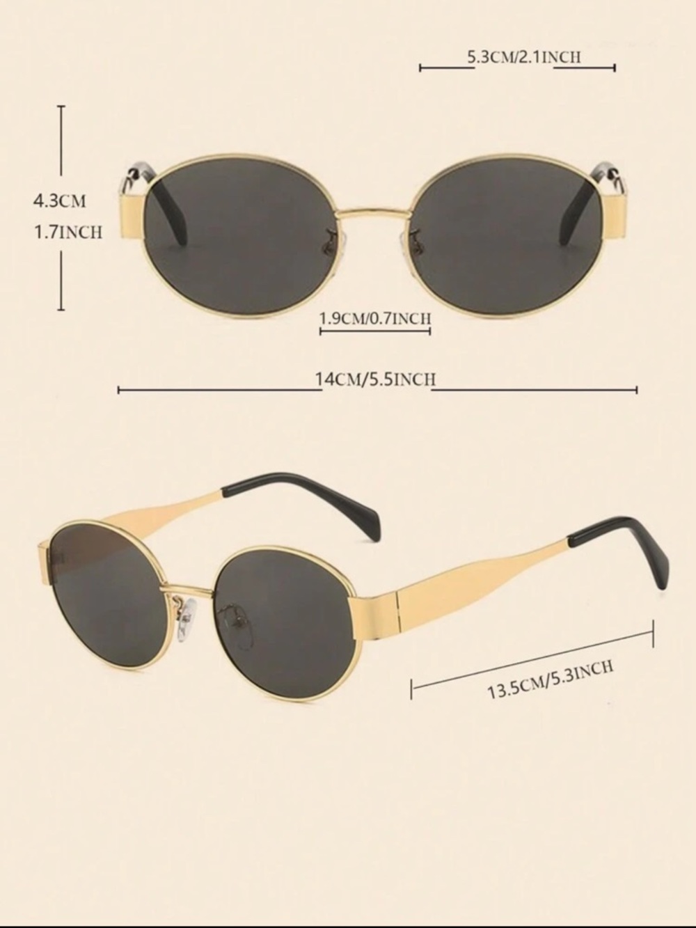 Gold Frame Oval Sunglasses - Black and Brown Lenses - Picture 4 of 4
